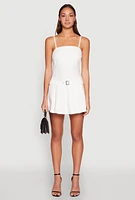 Womens Belted Front Pleated Drop Waist Dress, White, Size S