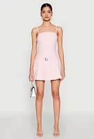 Womens Belted Front Pleated Drop Waist Dress,