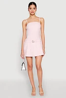 Womens Belted Front Pleated Drop Waist Dress,