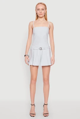 Womens Belted Front Pleated Drop Waist Dress,