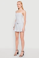 Womens Belted Front Pleated Drop Waist Dress, Blue, Size L