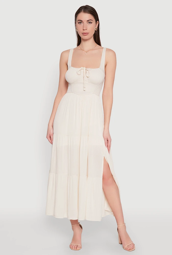 Womens Empire Waist Tiered Side Slit Maxi Dress, Beige,
