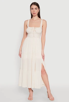 Womens Empire Waist Tiered Side Slit Maxi Dress, Beige,
