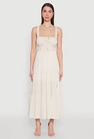 Womens Empire Waist Tiered Side Slit Maxi Dress, Beige,