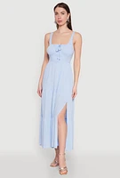 Womens Empire Waist Tiered Side Slit Maxi Dress, Blue,