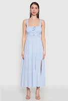 Womens Empire Waist Tiered Side Slit Maxi Dress, Blue,