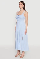 Womens Empire Waist Tiered Side Slit Maxi Dress, Blue,