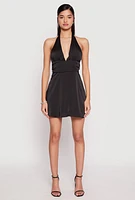 Womens Satin Tie Back Halter Skater Dress, Black, Size L