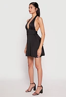 Womens Satin Tie Back Halter Skater Dress, Black, Size L