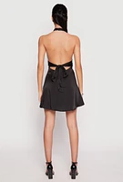 Womens Satin Tie Back Halter Skater Dress, Black, Size L
