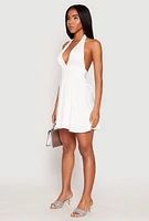 Womens Satin Tie Back Halter Skater Dress, White, Size M