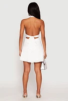 Womens Satin Tie Back Halter Skater Dress, White, Size M