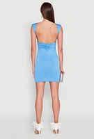 Womens Open Back Ruched Bodycon Dress, Blue, Size M