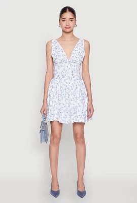 Womens Ditsy Floral Print Corset Mini Dress, Blue, Size M