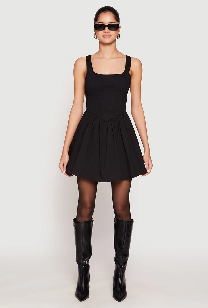 Womens Corset Ruched Mini Skater Dress, Black, Size S