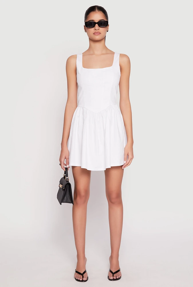 Womens Corset Ruched Mini Skater Dress, White,