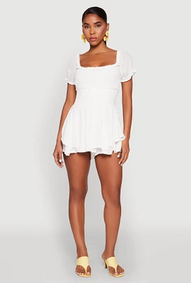 Womens Smocked Waist Ruffle Trim Romper, White, Size S