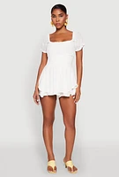 Womens Smocked Waist Ruffle Trim Romper, White, Size S