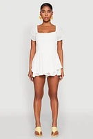 Womens Smocked Waist Ruffle Trim Romper, White, Size S