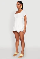 Womens Smocked Waist Ruffle Trim Romper, White, Size S