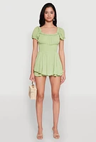 Womens Smocked Waist Ruffle Trim Romper,