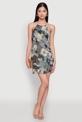 Womens Asymmetrical Ruffle Floral Halter Mini Dress, Multi, Size M