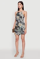 Womens Asymmetrical Ruffle Floral Halter Mini Dress, Multi, Size L