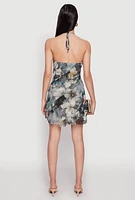 Womens Asymmetrical Ruffle Floral Halter Mini Dress, Multi, Size L