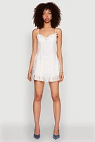 Womens Floral Lace Bustier Skater Dress, White, Size L