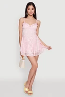 Womens Floral Lace Bustier Skater Dress, Pink,