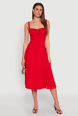 Womens Chic Sleeveless Sundress with Lace & Ruching, Casual Style, Red, Size L