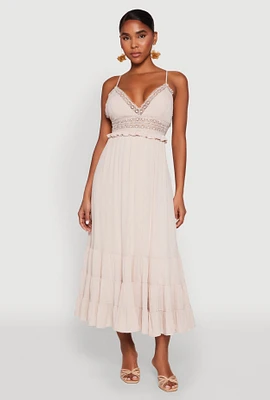 Womens Iris Crochet Detail Empire Waist Midi Dress, Beige, Size L