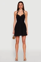 Womens Iris Lace Trim Halter Mini Dress,