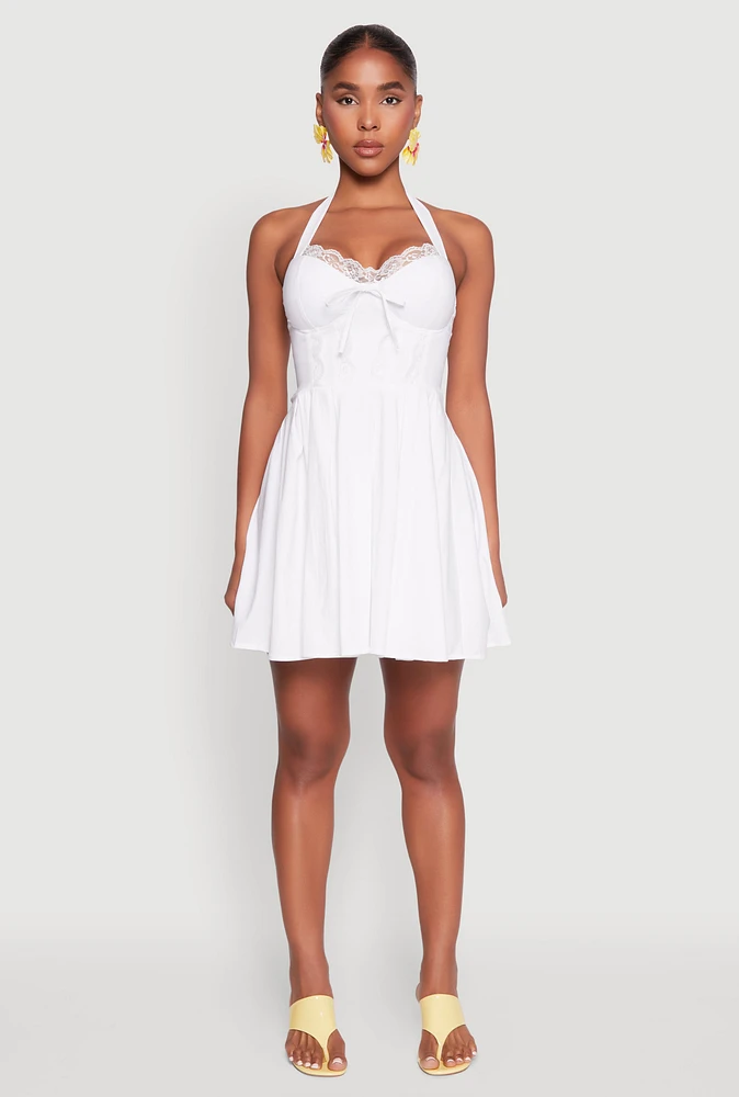 Womens Iris Lace Trim Halter Mini Dress, White, Size L