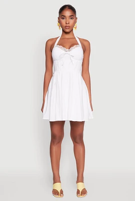 Womens Iris Lace Trim Halter Mini Dress, White, Size L