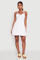 Womens Iris Lace Trim Halter Mini Dress, White, Size L