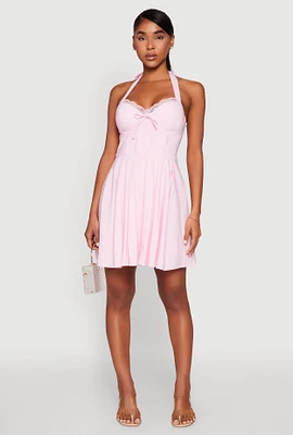 Womens Iris Lace Trim Halter Mini Dress, L