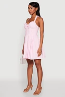Womens Iris Lace Trim Halter Mini Dress, L