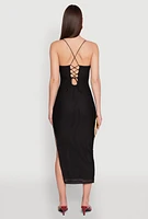 Womens Iris Lace Up Back Side Slit Cami Dress, Black, Size L