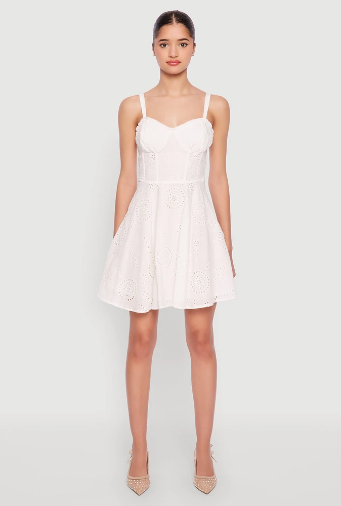 Womens Iris Poplin Eyelet Bustier Skater Dress, White, Size M