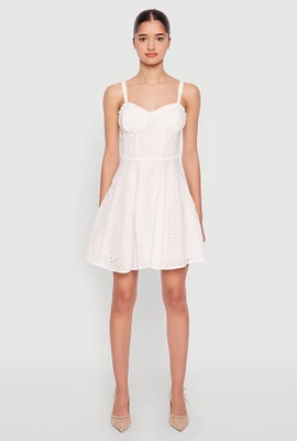 Womens Iris Poplin Eyelet Bustier Skater Dress, White, Size M