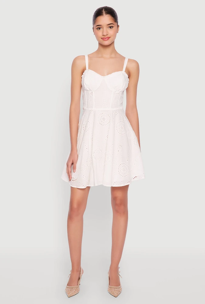 Womens Iris Poplin Eyelet Bustier Skater Dress, White, Size L