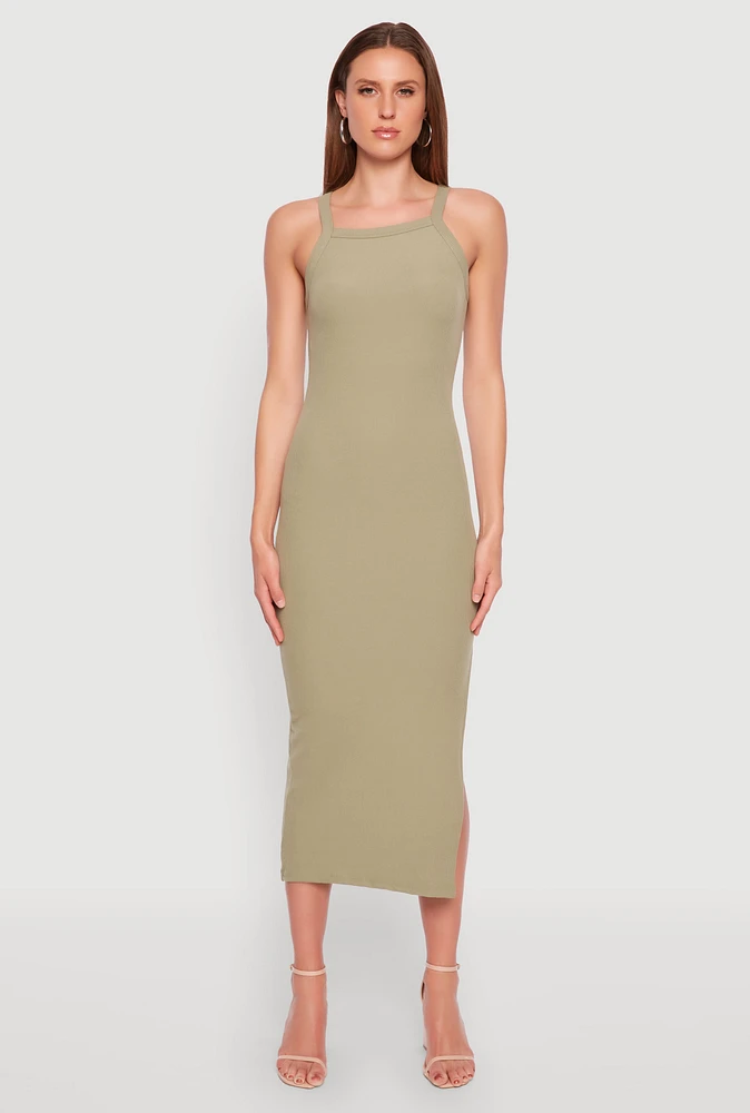 Womens Iris Ribbed Knit Side Slit Dress, Green, Size S