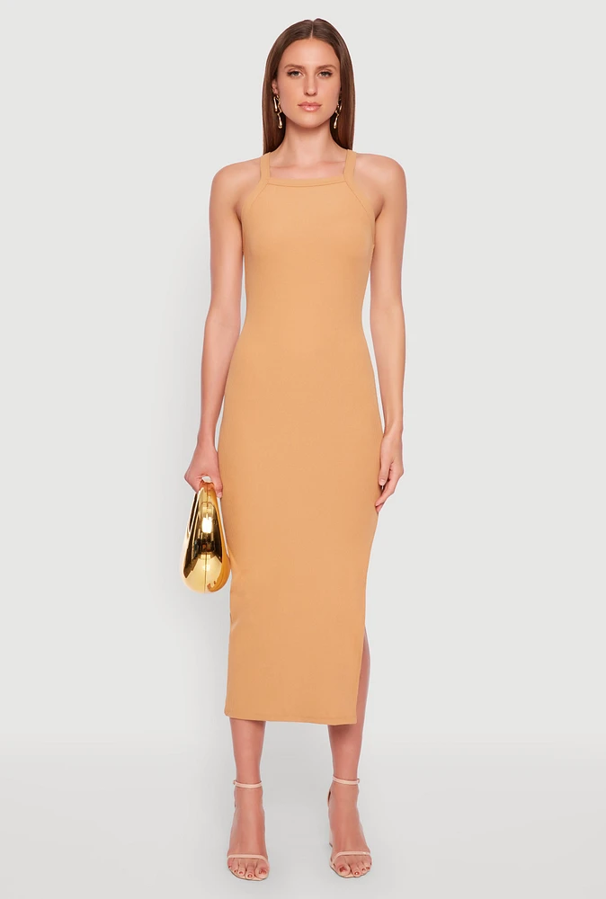 Womens Iris Ribbed Knit Side Slit Dress, L