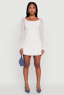 Womens Iris Lace Overlay Long Sleeve Mini Dress, White, Size S
