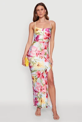 Womens Iris Floral Print Lace Up Back Maxi Dress, Multi, Size L