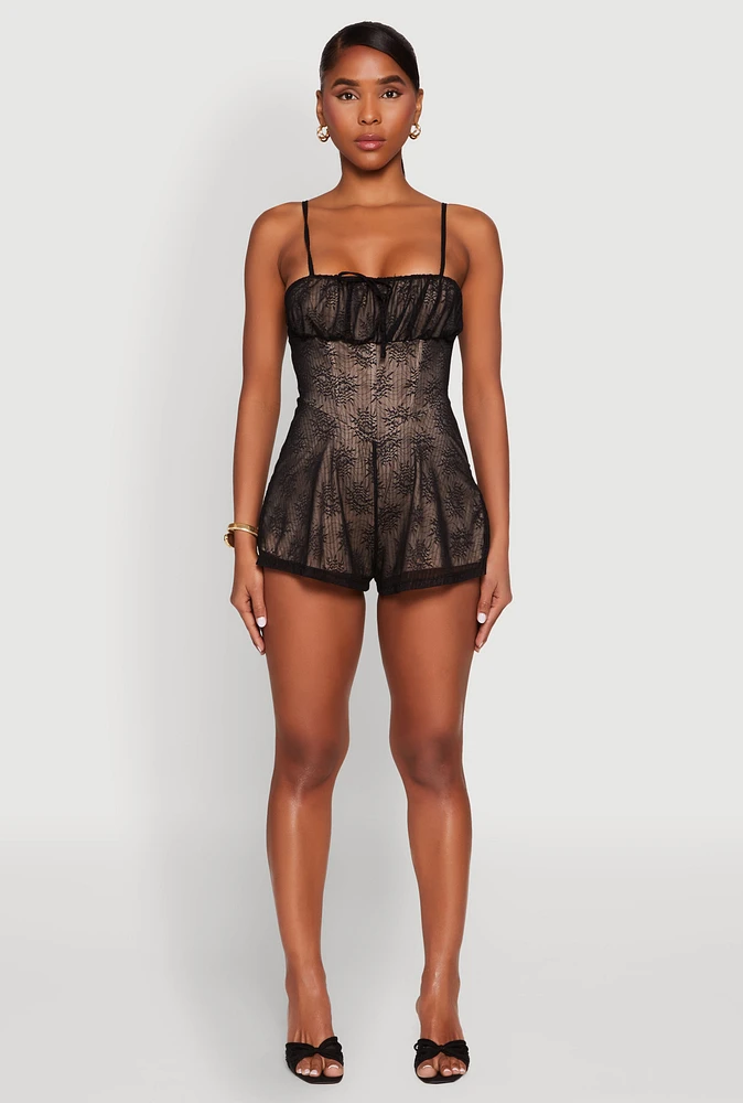 Womens Iris Lace Square Neck Romper, Black,