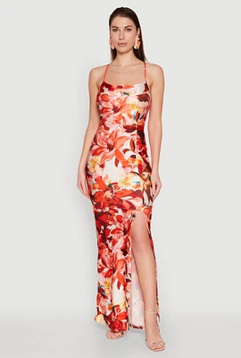 Womens Iris Slit Front Floral Maxi Dress, Orange, Size L