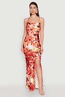 Womens Iris Slit Front Floral Maxi Dress, Orange, Size S