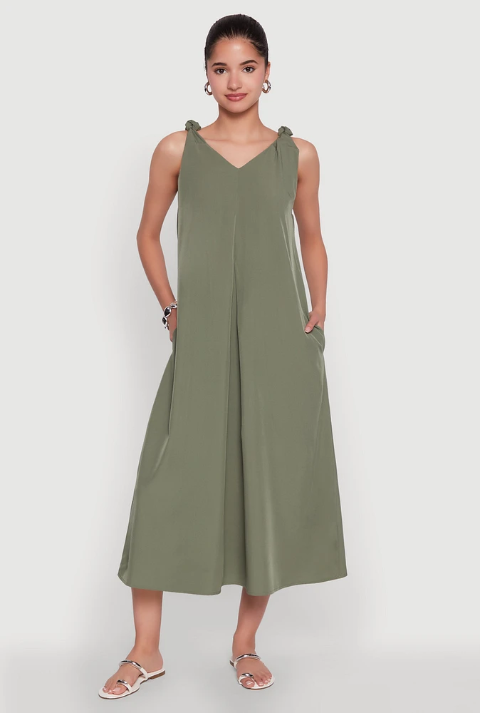 Womens Chic V-Neck Knot Strap Pleated Detail Sundress for Summer, Green, Size L